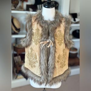 Womens XL Western Vest Leather Suede Sundance Tan Faux Fur Embroidered Winter